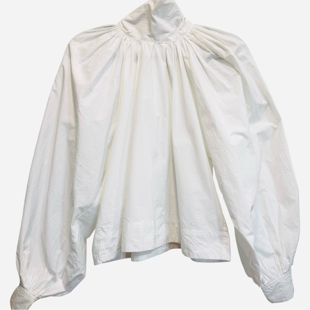 NWT GANNI High Neck White Cotton Crisp Boxy Poplin Bow Blouse Size 34 / XS - Picture 3 of 8
